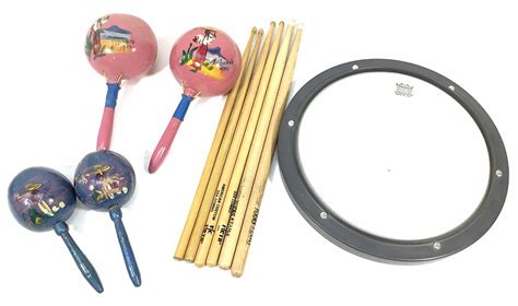 Lot - Practice Drum Pad, Sticks, Maracas