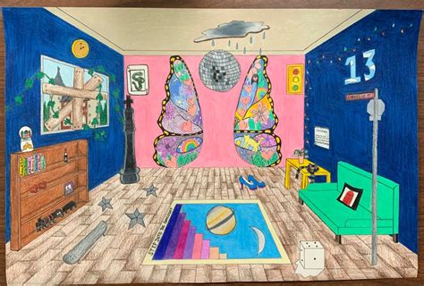 Colorful room colored pencil drawing One Point Perspective Room ...
