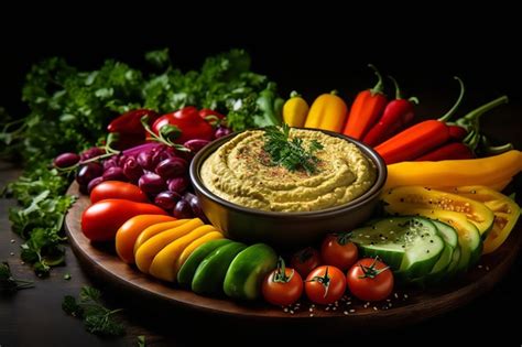 Premium AI Image | A colorful veggie platter with hummus for dipping 1