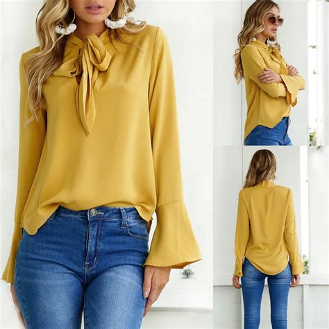 Womens Long Sleeve Casual Loose Yellow Shirts Top Ladies Work T Shirts ...