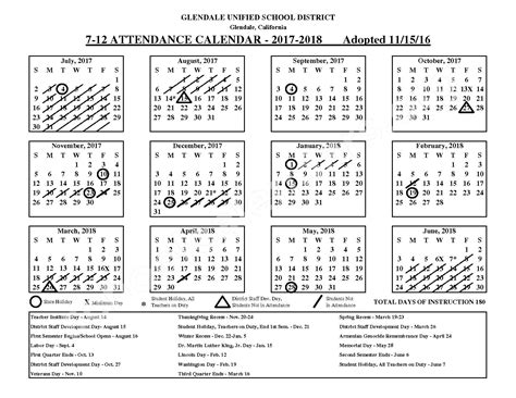 2017 - 2018 District Calendar | Glendale Unified School District – Glendale, CA