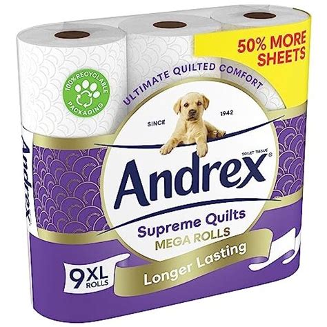 Andrex Supreme Quilts Mega Toilet Roll - 9 Mega Rolls (13.5 Standard Toilet Rolls), 3-ply ...