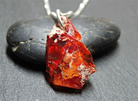 red fire opal necklace silver raw opal nugget pendant mens