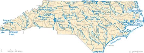 Map of North Carolina Lakes, Streams and Rivers