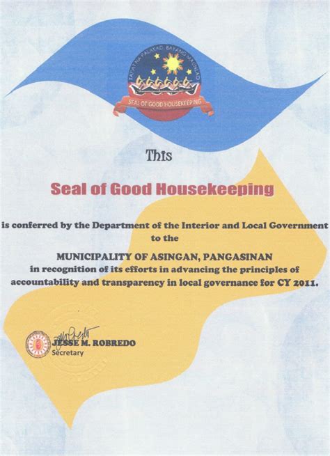 Seal of Good Housekeeping | Official LGU Website of Asingan Pangasinan