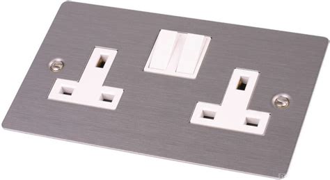 Double Wall Socket 2 Gang Flat Plate Satin Stainless Steel 13Amp Slim Twin Plug: Amazon.co.uk ...