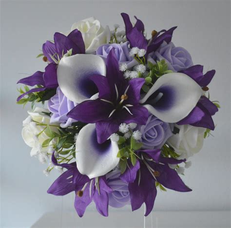 Purple Silk Tiger Lily Wedding Flowers - Faux Lily & Rose Bouquets