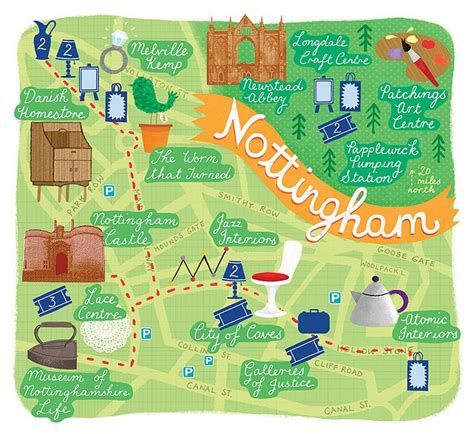 a map with the words, towns and places on it's green background that says nottingham