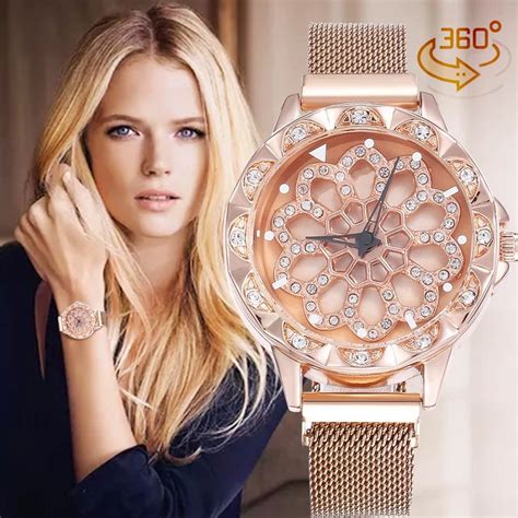 Luxury Floral Gold Watch Women Special Design Rotation Diamond Watches ...