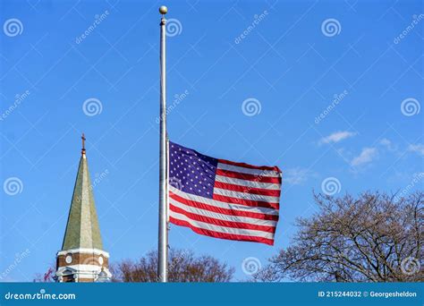 USA Flag Flying at Half-staff Stock Photo - Image of banner, freedom ...