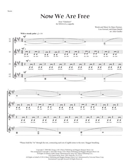 Now We Are Free (arr. Julie Gaulke) by Hans Zimmer Sheet Music for SSAA ...