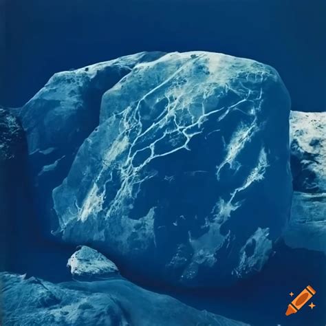 Cyanotype of large boulders in a desert