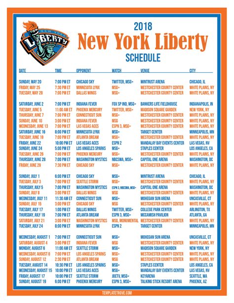 Printable2018 New York Liberty Basketball Schedule