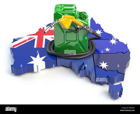 Gasoline and petrol consumption and production in Australia. Map of Australia with jerrycan and ...