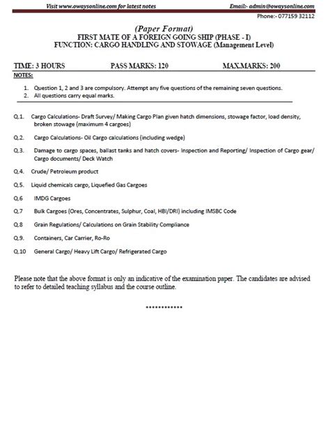 Phase 1 Chief Mate MMD Past Question Papers till Oct'24