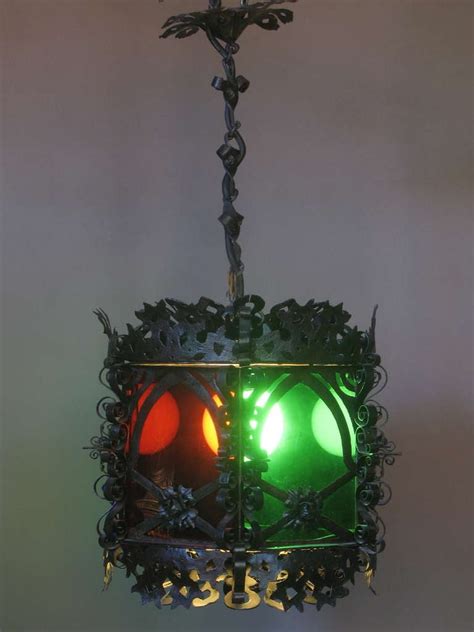 Wrought Iron Lantern with Coloured Glass For Sale at 1stDibs