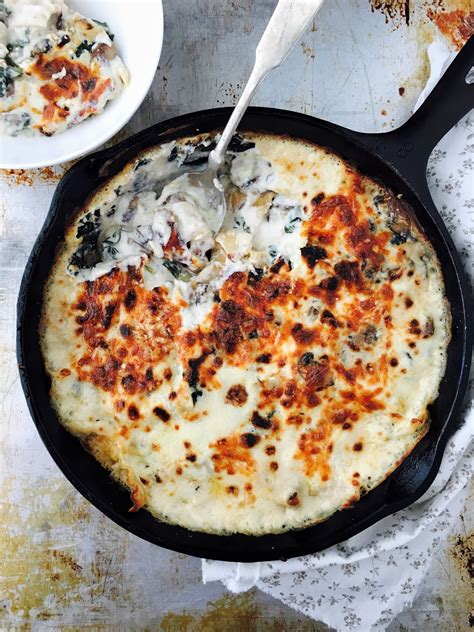 sweetsugarbean: Skillet Mushroom Lasagna with Greens and Mozzarella