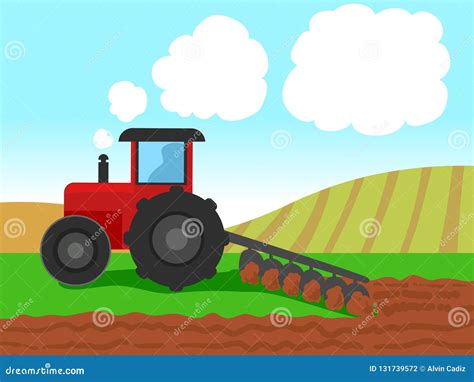 Vector Illustration of Tractor Plowing on Farm Field Stock Vector ...