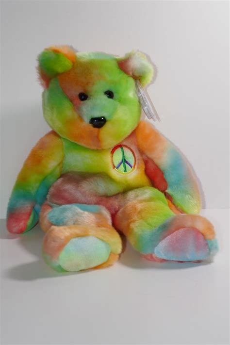 TY 1999 Beanie Buddies 15" Pastel Rainbow Tye-Dye Peace Bear Plush #TY ...