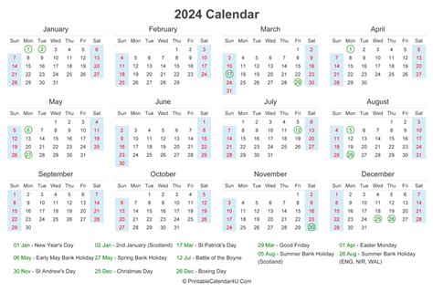 2024 Calendar Uk With Bank Holidays Printable - Jan 2024 Calendar