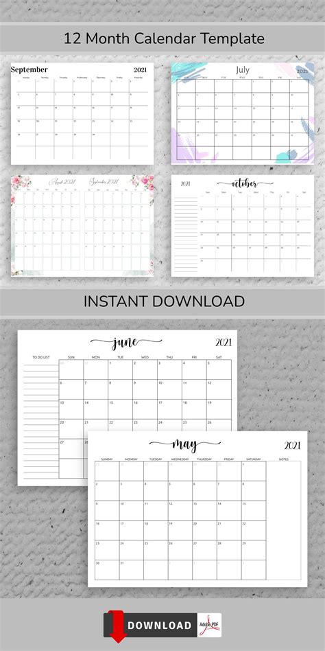 12 Month Calendar Template, Calendar Monthly, Monthly Calendar ...