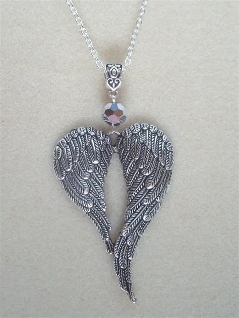 Large Guardian Angel Wings Necklace Pendant Glass Bead Vintage Silver Charms Choker Collar ...