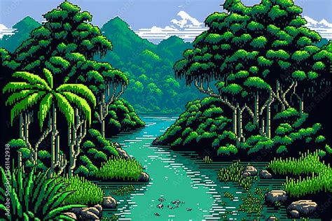 Rainforest landscape with river, 16 bit pixel art style. AI digital ...