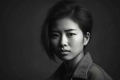 Premium AI Image | Studio shot of young asian woman against gray background in black and white