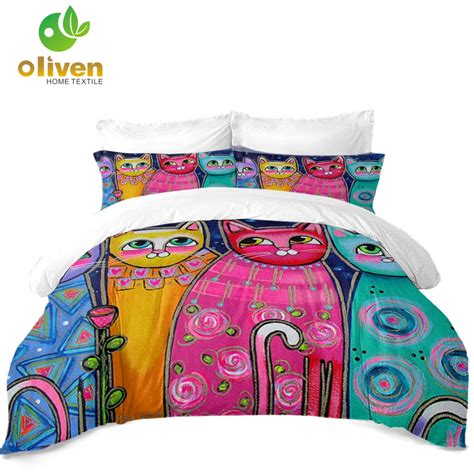 Colorful Cartoon Cat Bedding Set Kids Christmas Gift Duvet Cover Set Animal Painted Bed Cover ...