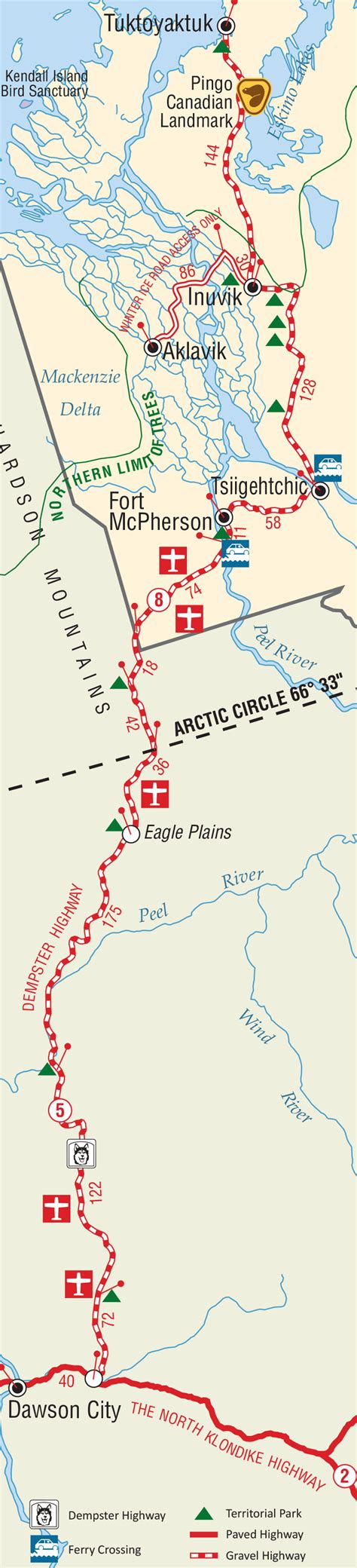 Detailed Dempster Highway Map | Highway map, Canadian travel, Yukon ...