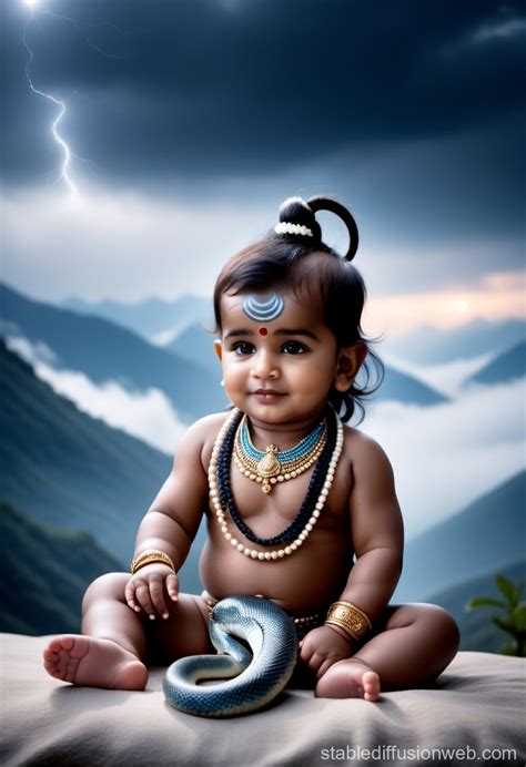 Baby God Shiva on Himalayas with Snake and Tiger | Stable Diffusion Online