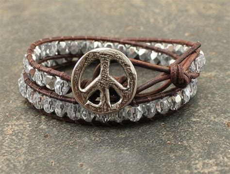 Silver Peace Sign Jewelry Beaded Leather Wrap Bracelet Boho