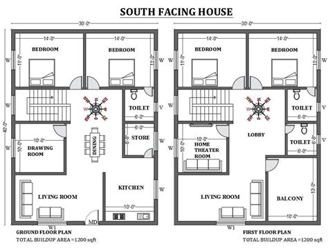 30’x40’ South facing house plan as per vastu shastra is given in this FREE 2D Autocad drawing ...