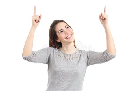 Happy Woman Pointing Up with Both Hands Stock Image - Image of cute, happy: 39096339