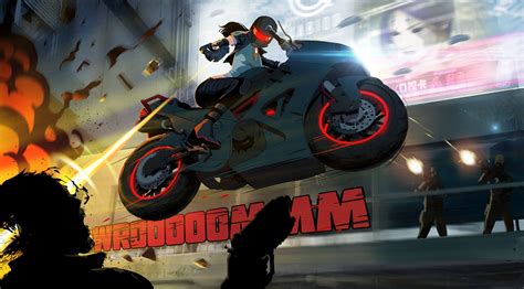 a woman riding on the back of a motorcycle in front of a movie poster with people watching