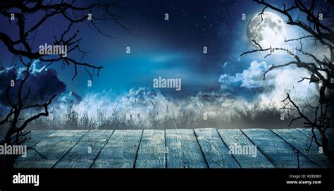 Spooky horror background with empty wooden planks, dark scary background. Celebration of ...