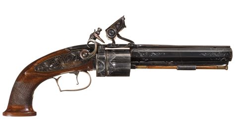 Engraved and Gold Inlaid Replica Collier Flintlock Revolver | Rock Island Auction