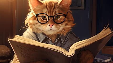 Premium AI Image | a cat wearing glasses is reading a book.