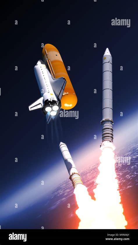 Space Shuttle Solid Rocket Boosters Separation Over Clouds. 3D Illustration Stock Photo - Alamy