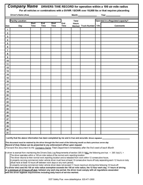 Shorthaul Driver Timesheet | DOT Safety Plus