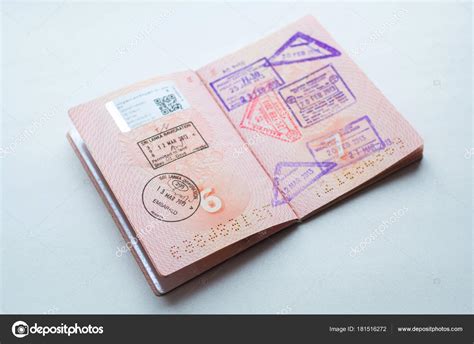 Russian passport stamped on border crossing. Departure and arrival immigration stamps. Stock ...