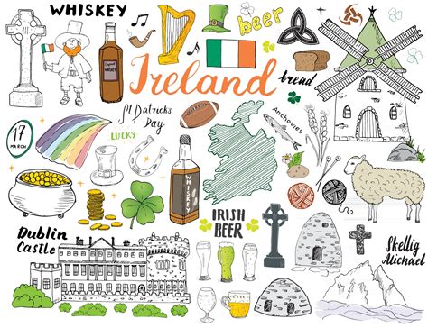 Ireland Sketch Doodles. Hand Drawn Irish Elements Set with flag and map ...