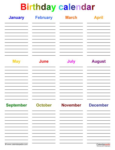 Birthday Calendars - Free Printable Microsoft Word templates