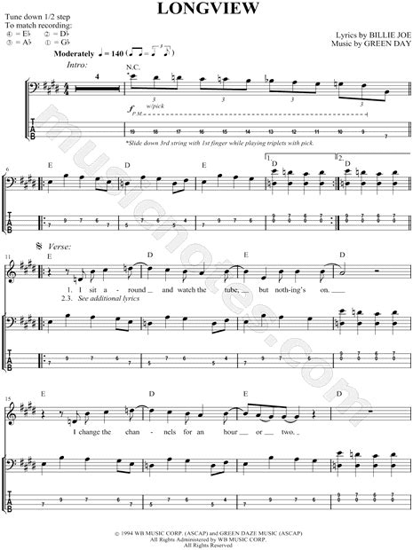 Green Day "Longview" Bass Tab in E Major - Download & Print - SKU: MN0052746