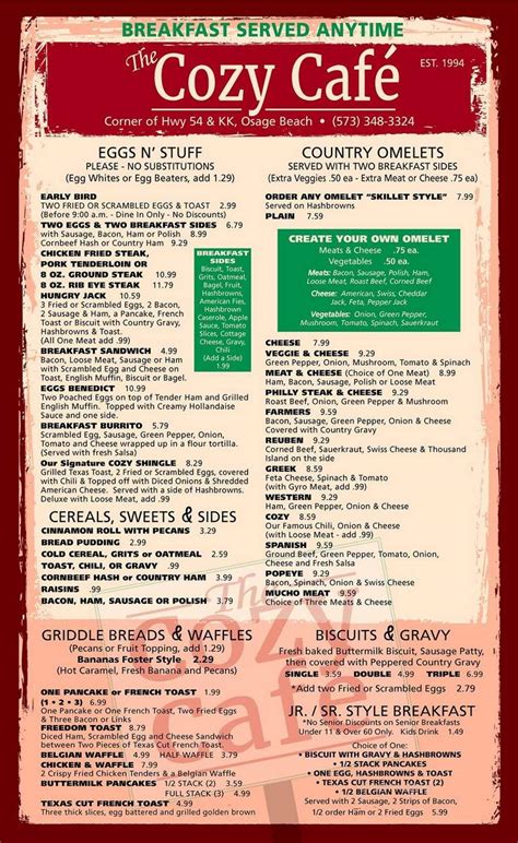 Menu of The Cozy Cafe in Osage Beach, MO 65065