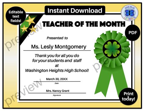 March Teacher of the Month Certificate, March Teacher of the Month Award, Editable Teacher of ...