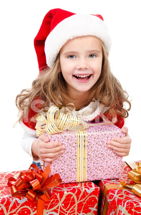 Happy Cute Little Girl With Christmas Gift Boxes Stock Photos ...