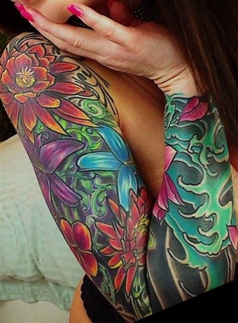 Colorful sleeve tattoo// flower tattoo ideas// sleeve tattoo ideas ...