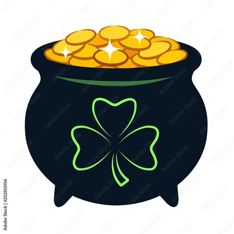 Pot of gold vector cartoon illustration. Black pot filled with sparkling golden coins, with ...