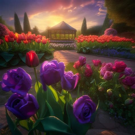 Premium AI Image | a colorful display of purple and pink tulips in a ...